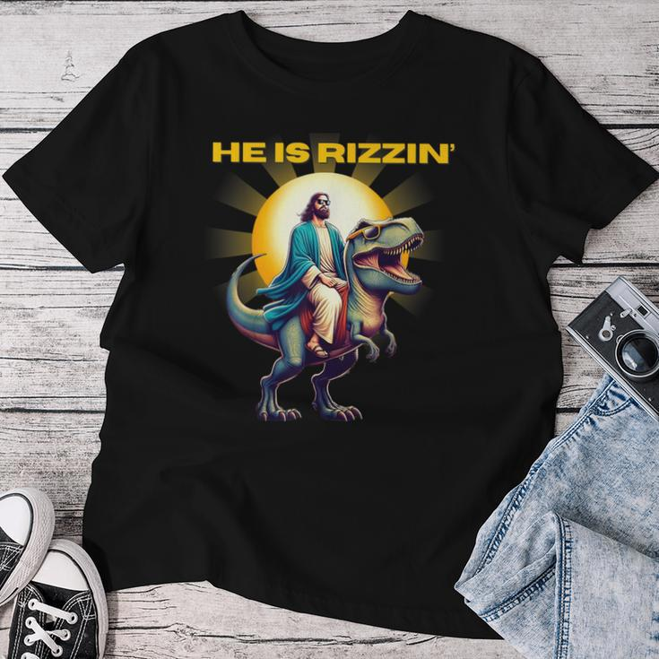 He Is Rizzen Jesus Has Rizzen Retro Christian Dinosaur Women T-shirt Unique Gifts