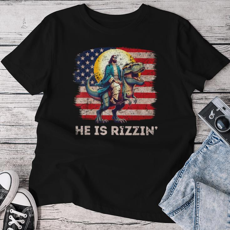 He Is Rizzen Jesus Has Rizzen Retro Christian Dinosaur Women T-shirt Funny Gifts