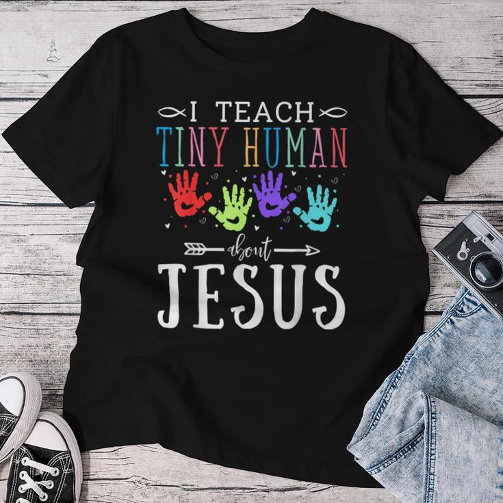 I Teach Tiny Humans About Jesus Teacher Sunday School Squad Women T-shirt Personalized Gifts