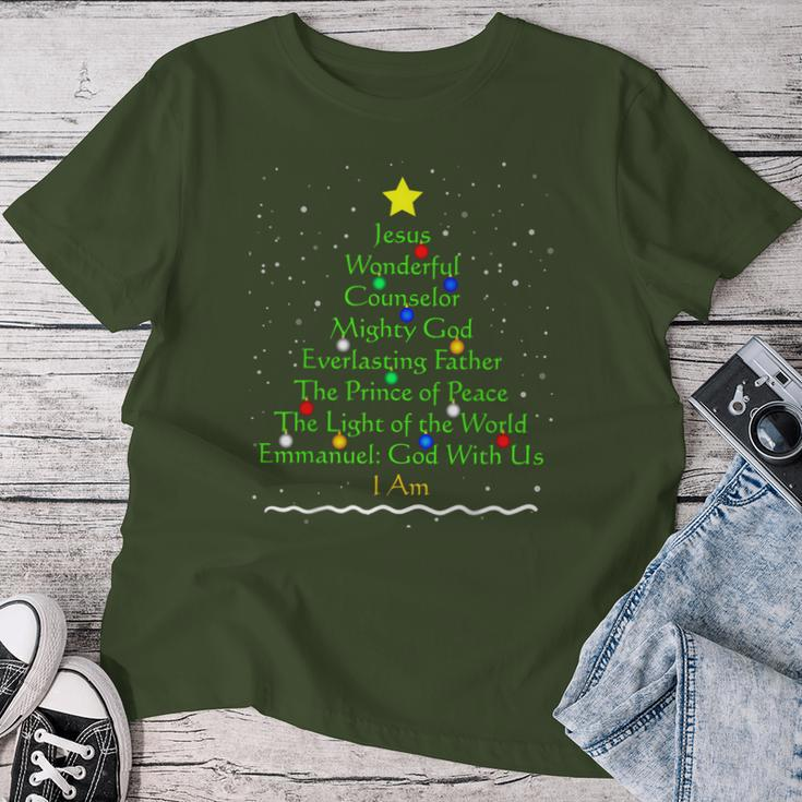 Christian Christmas Bible Names Of Jesus Tree Women T-shirt Funny Gifts