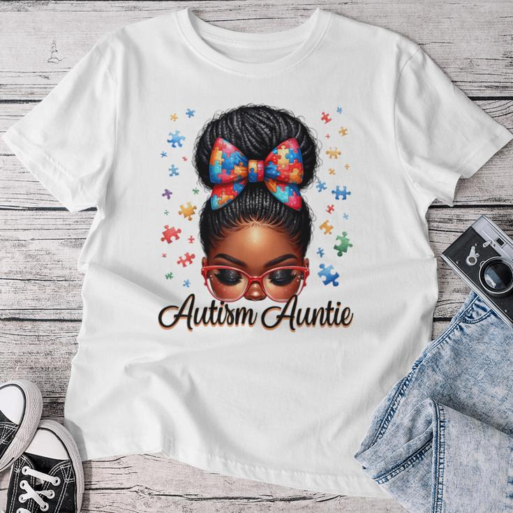 Autie Aunt Life Afro Black Autism Awareness Messy Bun Women T-shirt Unique Gifts