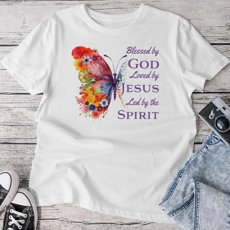 Blessed By God Loved By Jesus Butterfly And Flowers Women T-shirt Funny Gifts