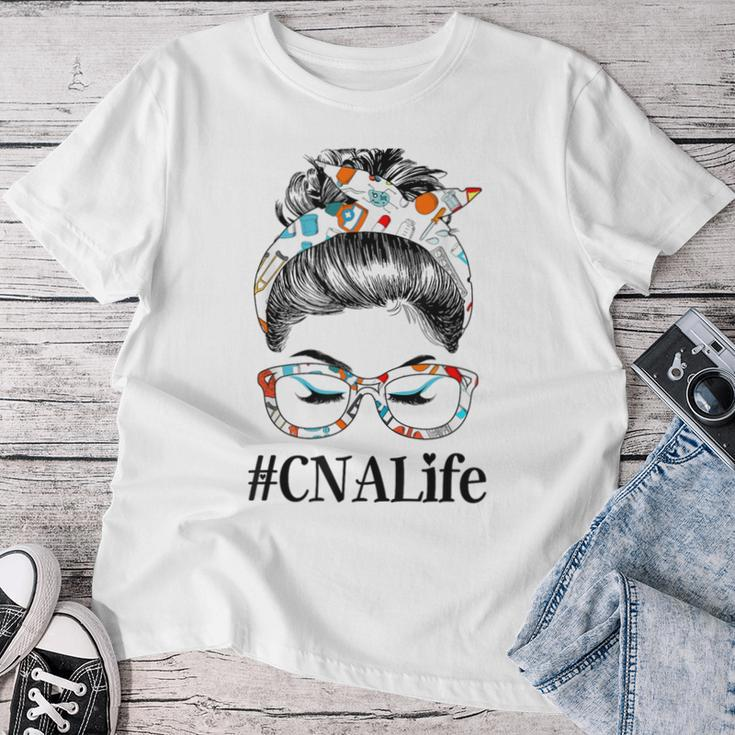 Cna Life Messy Hair Woman Bun Healthcare Worker Women T-shirt Personalized Gifts