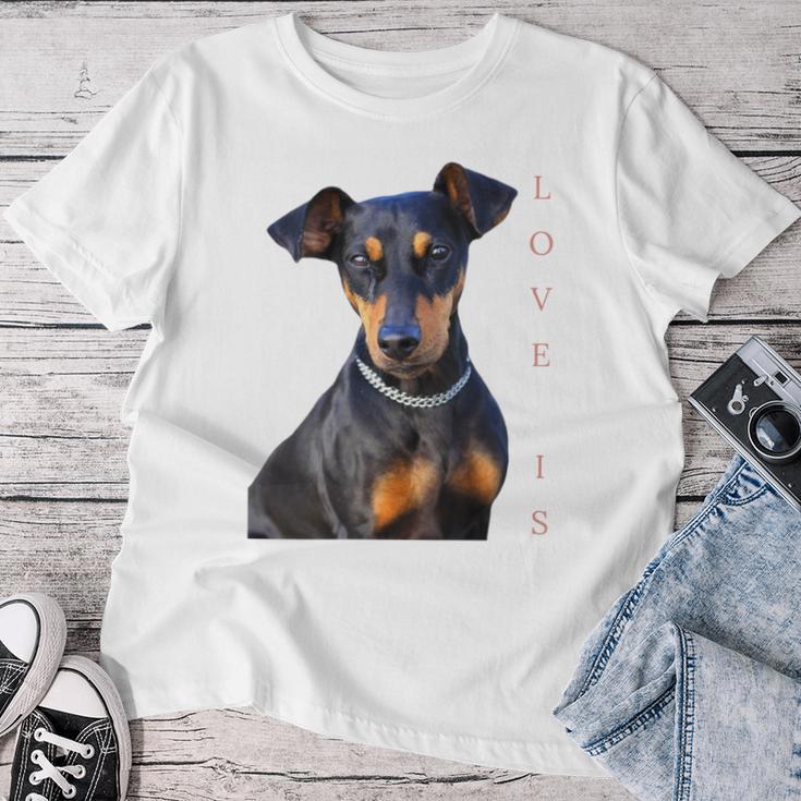 Damen Miniatur Pinscher Hund Mama Papa Liebe Welpe Haustier Mit-Ausschnitt T-shirt Frauen Lustige Geschenke