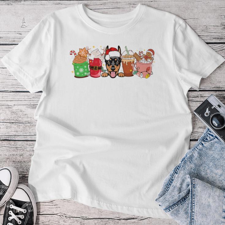 Dobermann Und Kaffeeliebhaber Mama Papa Weihnachten Neujahr Grafik Raglan T-shirt Frauen Lustige Geschenke