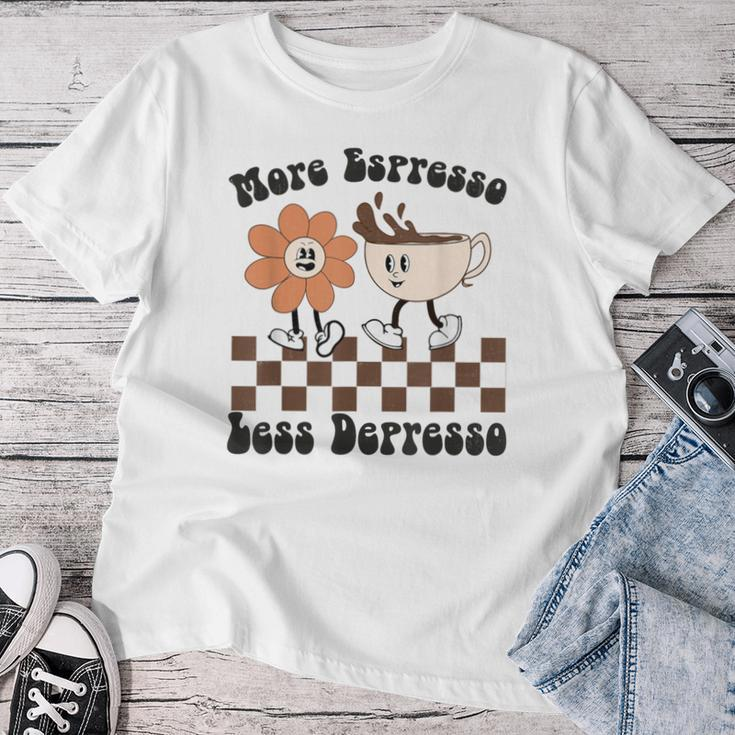 More Espresso Less Depresso Retro Groovy Flowers Coffee Cups Women T-shirt Unique Gifts