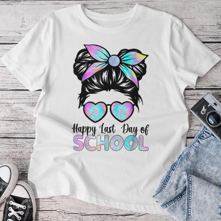 Happy Last Day Of School Teacher Girls Messy Bun Women T-shirt Personalized Gifts