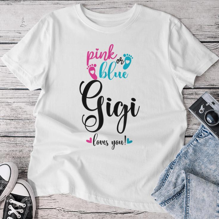 Pink Or Blue Gigi Loves You Gender Reveal Baby Announcement Women T-shirt Funny Gifts