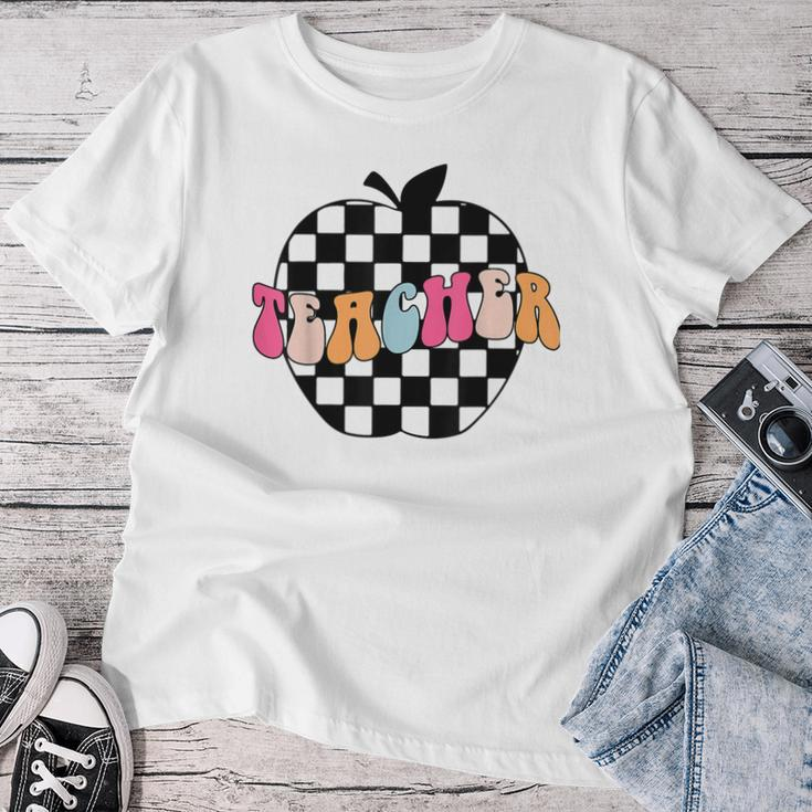 Retro Black And White Checkered Apple Teacher Women T-shirt Funny Gifts