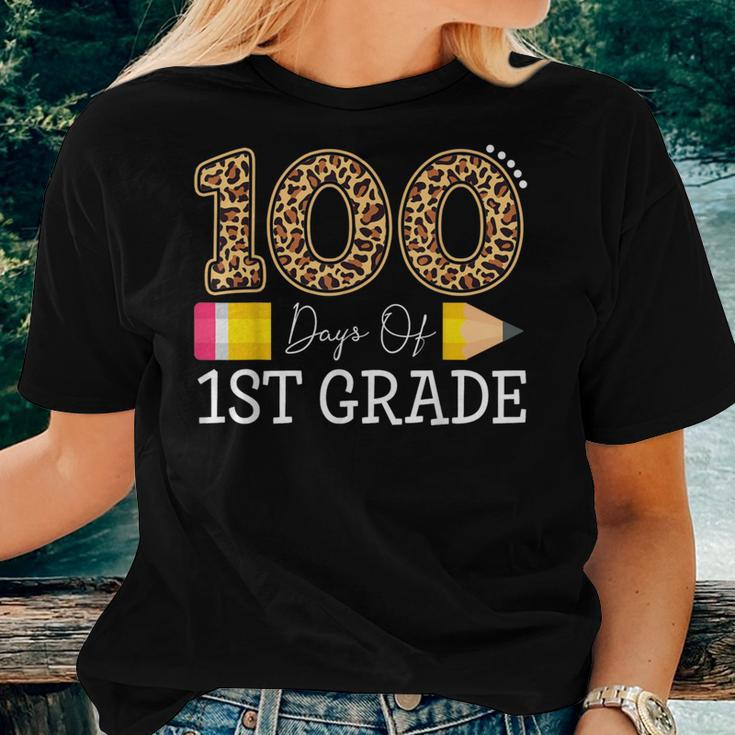 100 Days Of First Grade Leopard Happy 100Th Day Of School Women T-shirt Gifts for Her