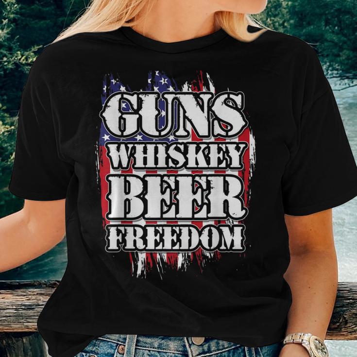 American Flag Guns Whiskey Beer Freedom Women T-shirt Gifts for Her