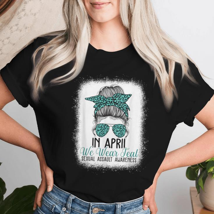 In April We Wear Teal Sexual Assault Awareness Messy Bun Women T-shirt Gifts for Her