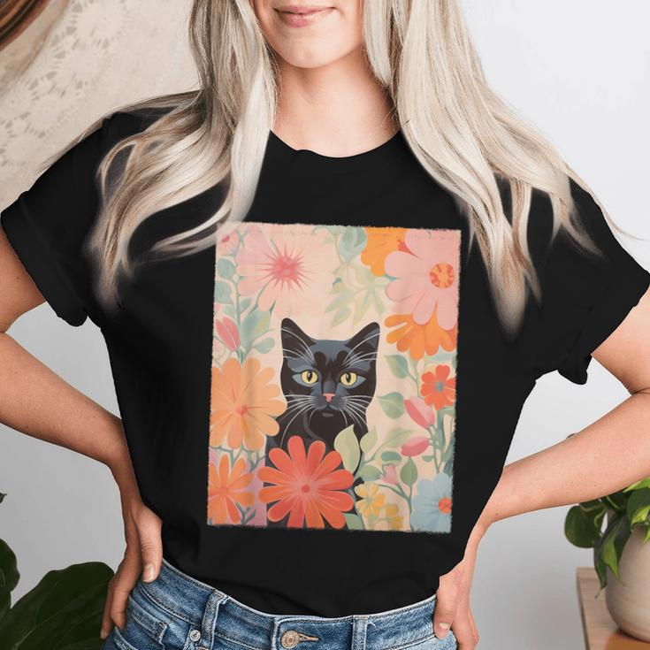 Black Cat And Flowers Cat Lover Cat Floral Cat Women T-shirt Gifts for Her