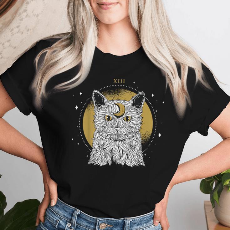 Boho Mystical Feathers Cat Moon Phases Cats Lovers Women T-shirt Gifts for Her