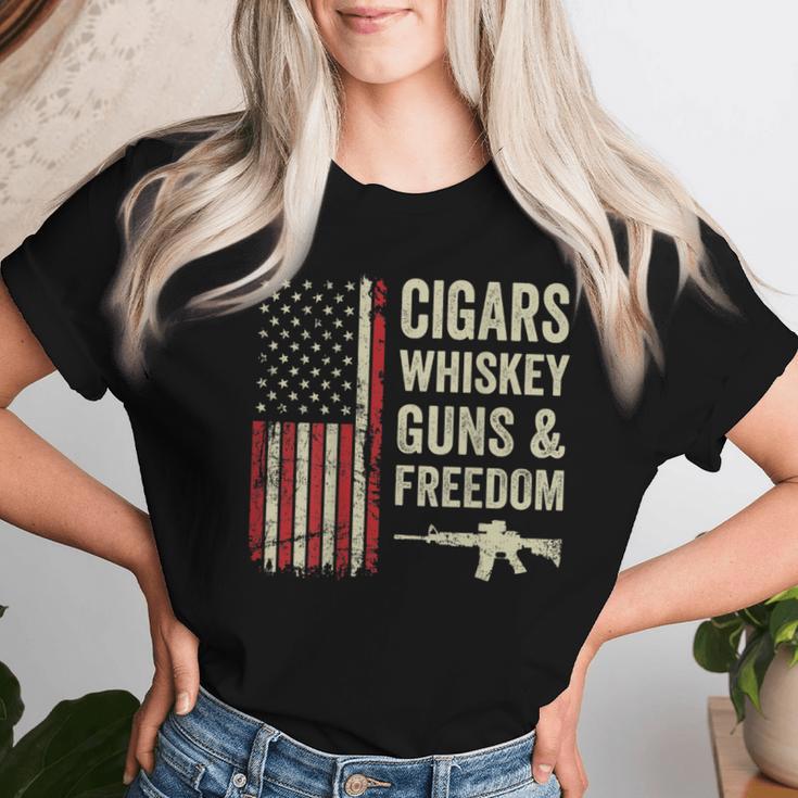 Cigars Whiskey Guns & Freedom Usa Flag 4Th Of July Back Women T-shirt Gifts for Her