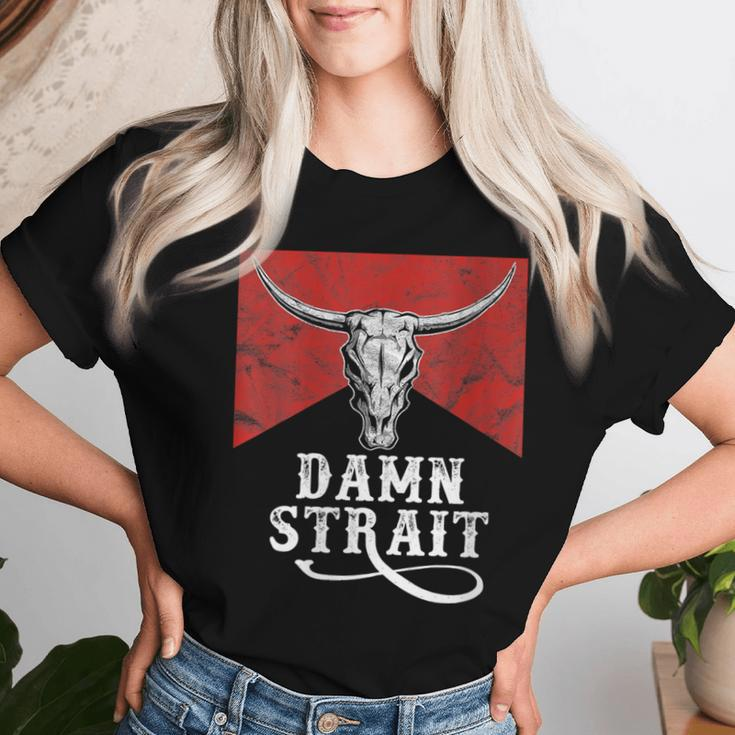 Classic Damn Strait Pride Vintage Bulls Skulls And Leopard Women T-shirt Gifts for Her