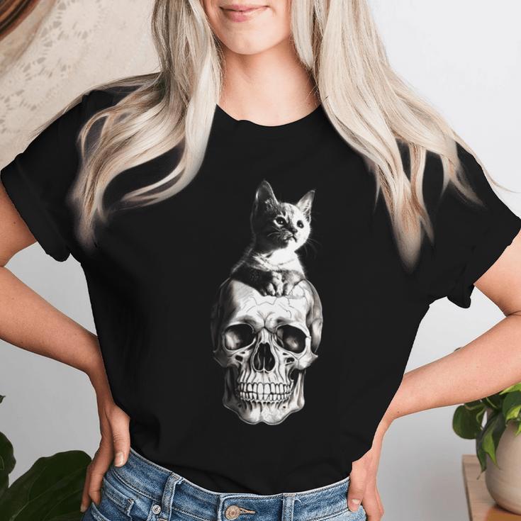 T-shirt Halloween Chat & Squelette - Col V - Pour Fans De Chats Et Style Gothique - Femme