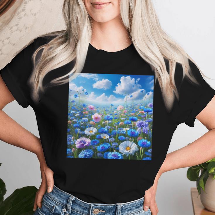 Cute Blue Floral Flowers Blossom Field Women T-shirt Gifts for Her