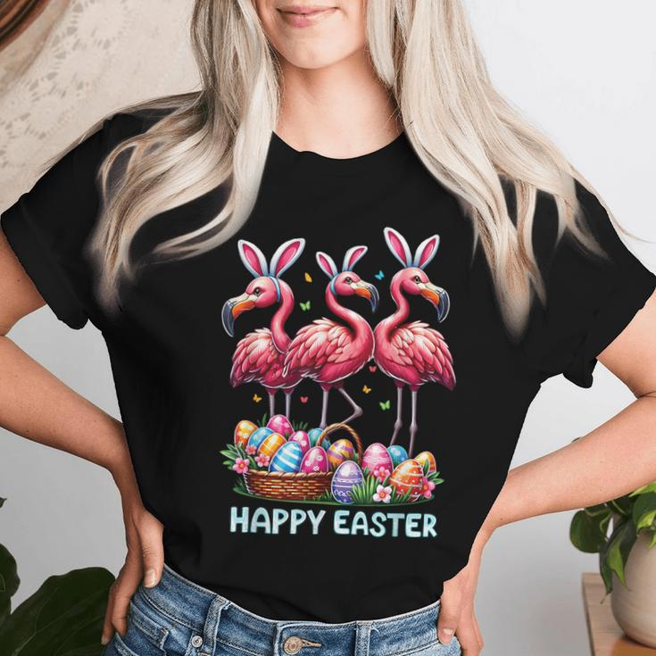 Cute Flamingo With Easter Bunny Egg Basket Happy Easter Women T-shirt Gifts for Her