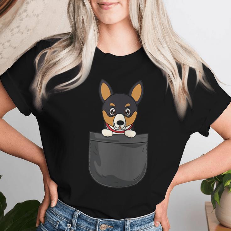 Damen Ratten-Terrier Mama Papa Hund In Der Tasche Süßes Lustiges Mit-Ausschnitt T-shirt Frauen Geschenke für Sie