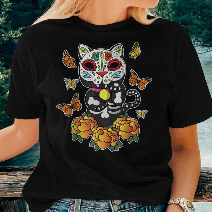 Dia De Los Muertos Monarch Butterfly Sugar Skull Cat Women T-shirt Gifts for Her