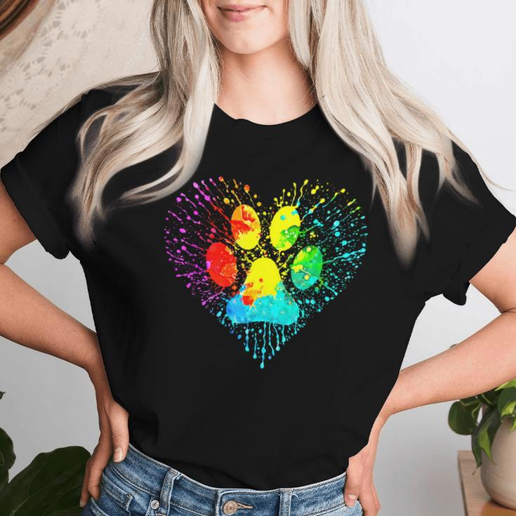 Dog Lover Mom Dad Colorful Heart Dog Paw Print Women T-shirt Gifts for Her