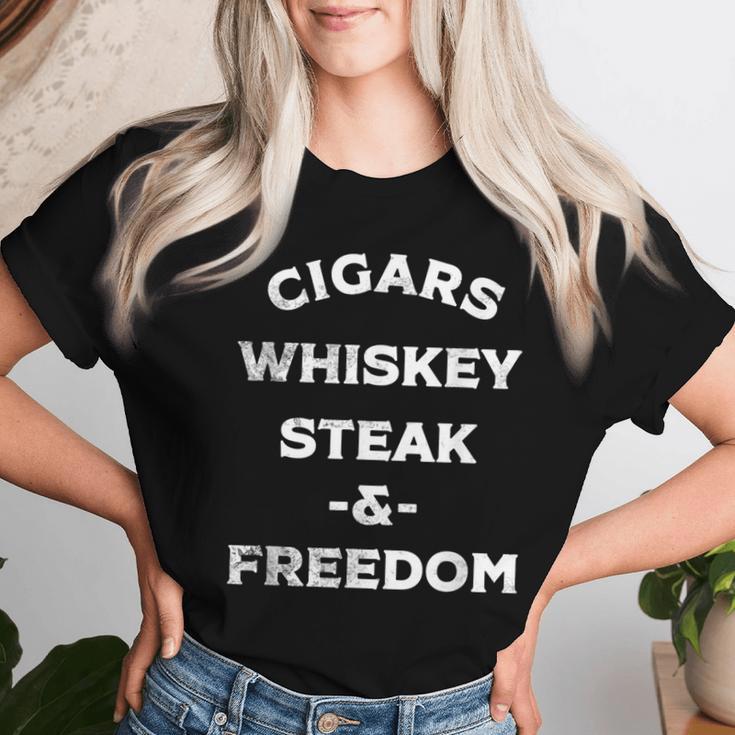 Whiskey Cigars Whiskey Steak & Freedom Women T-shirt Gifts for Her