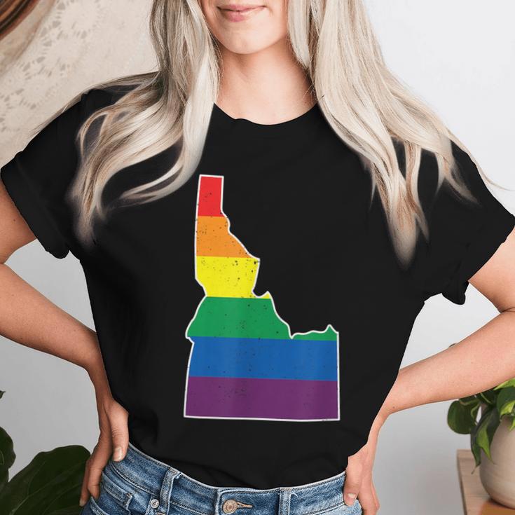 Gay Pride Flag Idaho State Map Rainbow Stripes Women T-shirt Gifts for Her