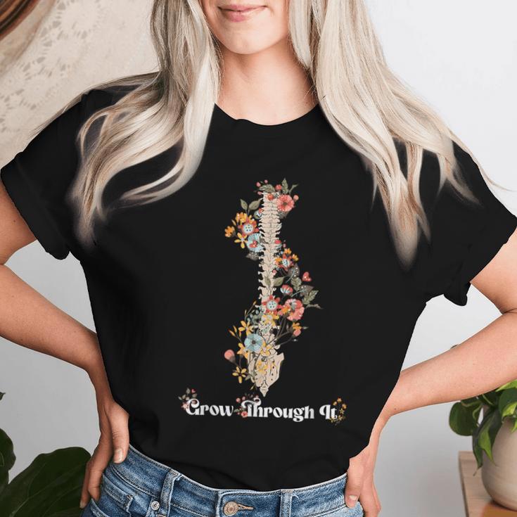 Grow Through It Floral Spine Positive Mental Health Warrior Women T-shirt Gifts for Her