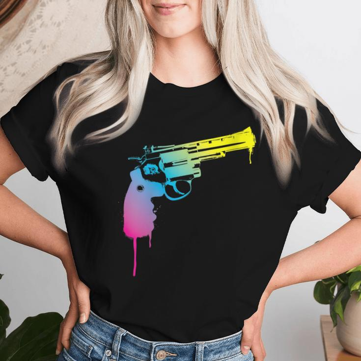 Gun Dripping Rainbow Graffiti Paint Artist Revolver Women T-shirt Gifts for Her