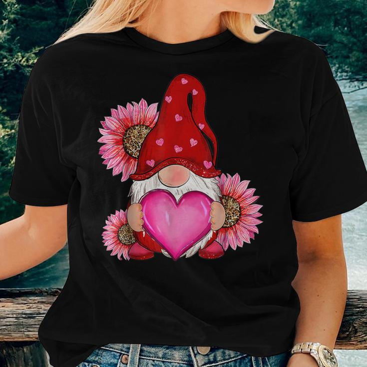 Happy Valentine's Day Gnome With Leopard Sunflower Valentine Women T-shirt Gifts for Her
