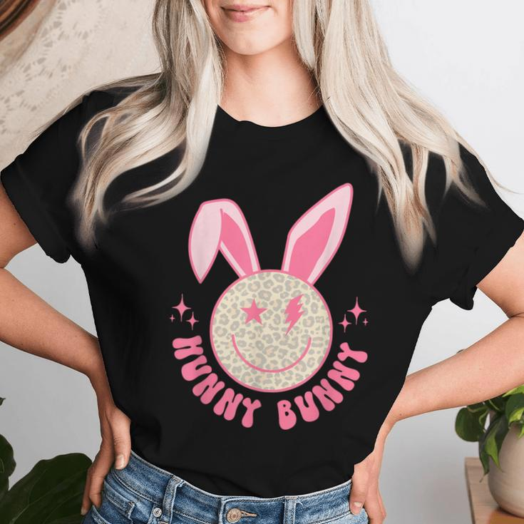 Hunny Bunny Retro Groovy Easter Leopard Smile Face Rabbit Women T-shirt Gifts for Her
