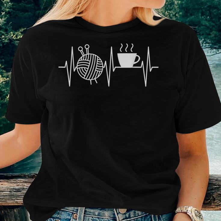 Knitting Coffee Lover Heartbeat Knitting And Coffee Women T-shirt Gifts for Her