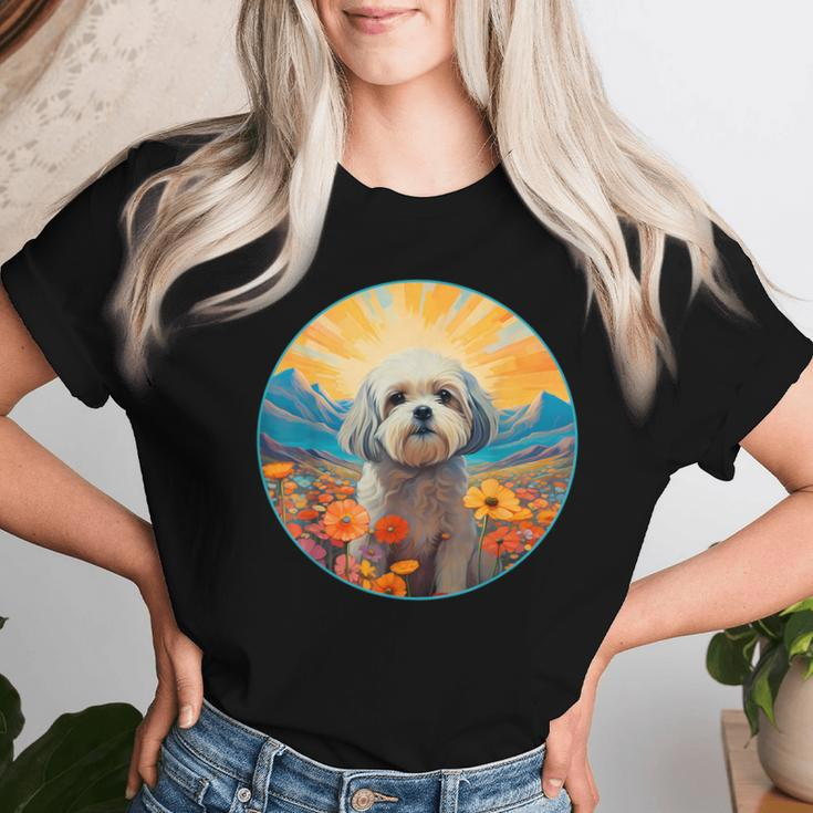 Lhasa Apso Puppy Dog Cute Flower Mountain Sunset Colorful Women T-shirt Gifts for Her