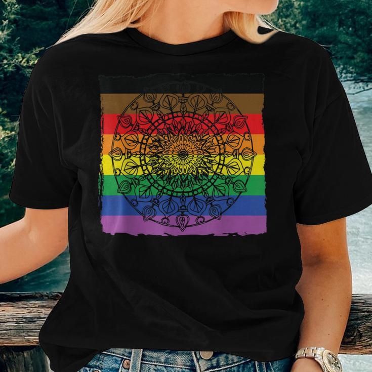 Mandala Leaf Rainbow Lgbt Flag Black Brown StripesWomen T-shirt Gifts for Her