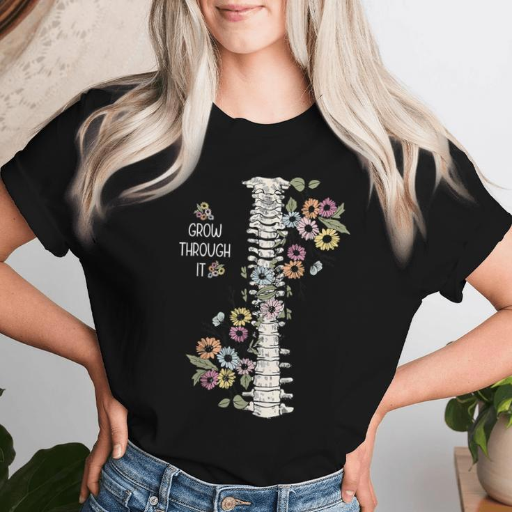 Mental Health Warrior Grow Through It Floral Spine Women Women T-shirt Gifts for Her
