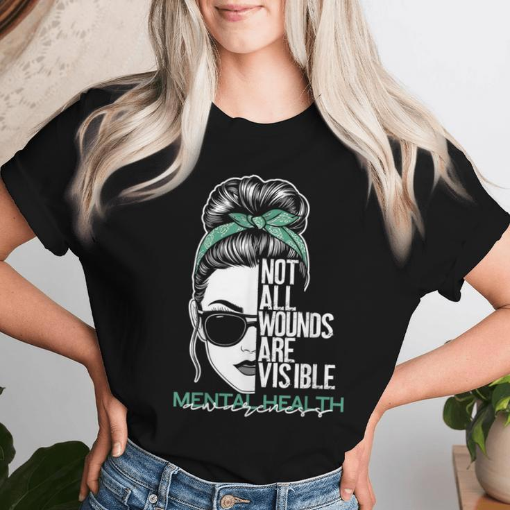 Not All Wounds Are Visible Messy Bun Mental Health Awareness Women T-shirt Gifts for Her