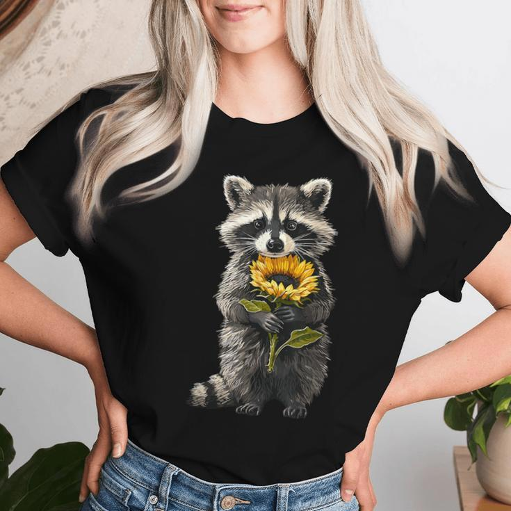 Raccoon Holding Sunflower Cute Flower Women T-shirt Gifts for Her