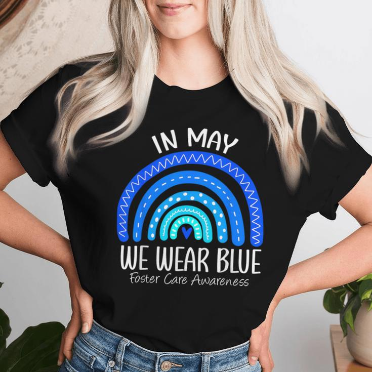 Rainbow In May We Wear Blue Foster Care Awareness Month Women T-shirt Gifts for Her