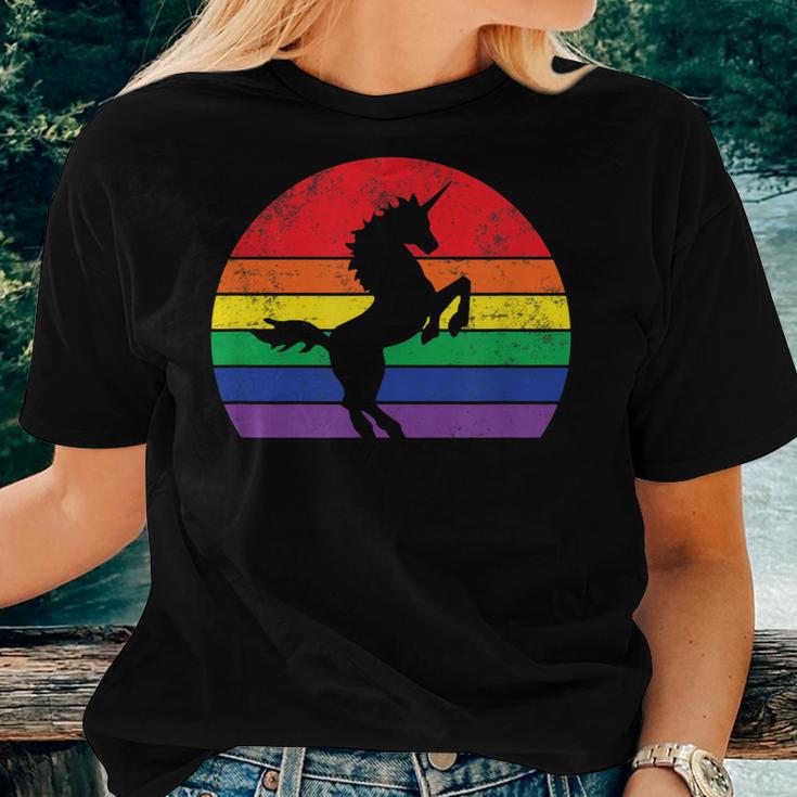 Rainbow Unicorn Striped Sunrise Distressed Relaxed Women T-shirt Gifts for Her