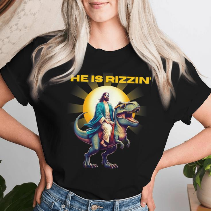 He Is Rizzen Jesus Has Rizzen Retro Christian Dinosaur Women T-shirt Gifts for Her