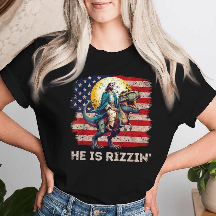 He Is Rizzen Jesus Has Rizzen Retro Christian Dinosaur Women T-shirt Gifts for Her