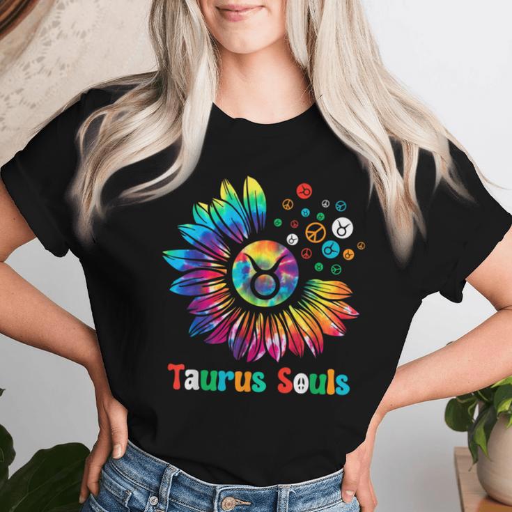 Taurus Souls Zodiac Tie Dye Sunflower Peace Sign Groovy Women T-shirt Gifts for Her