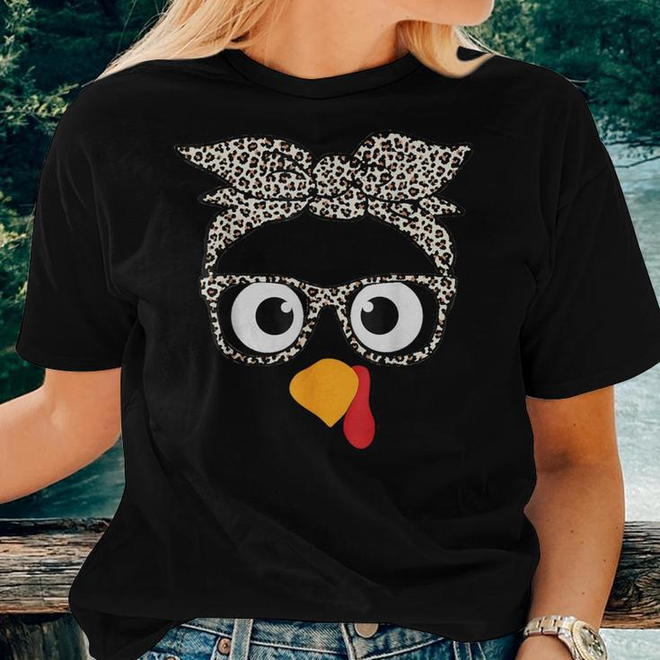 Thanksgiving Turkey Face Leopard Print Glasses Autumn Fall Women T-shirt Gifts for Her