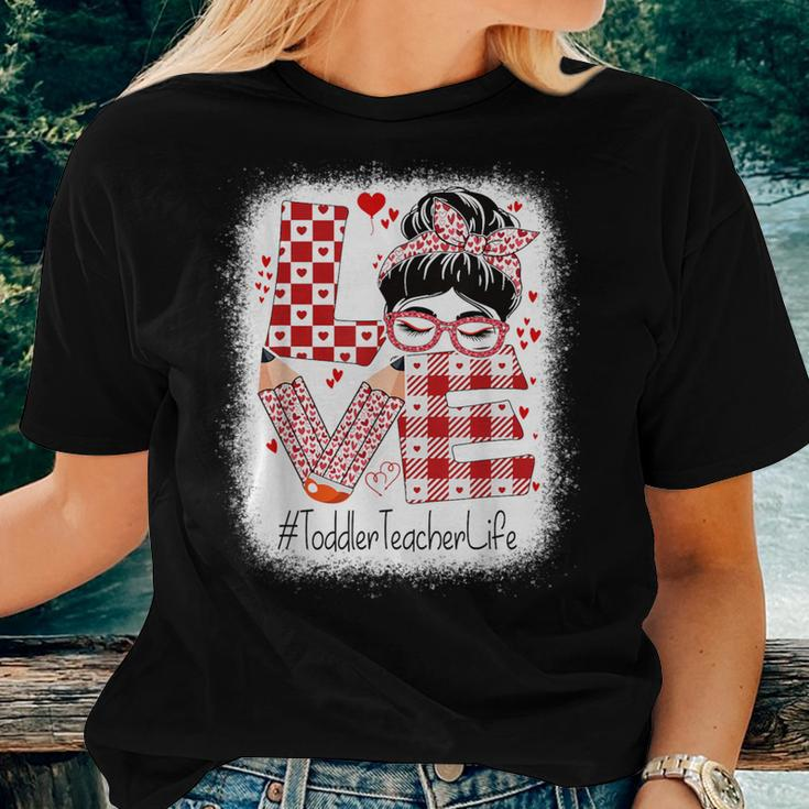Toddler Teacher Love Messy Bun Valentine's Day Appreciation Women T-shirt Gifts for Her