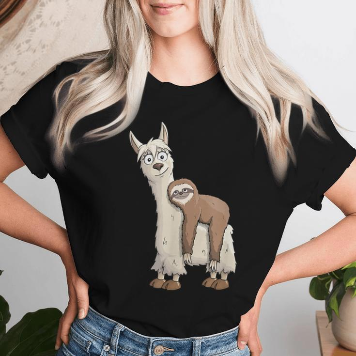 Trendy Funky Cartoon Chill Out Sloth Riding Llama Women T-shirt Gifts for Her