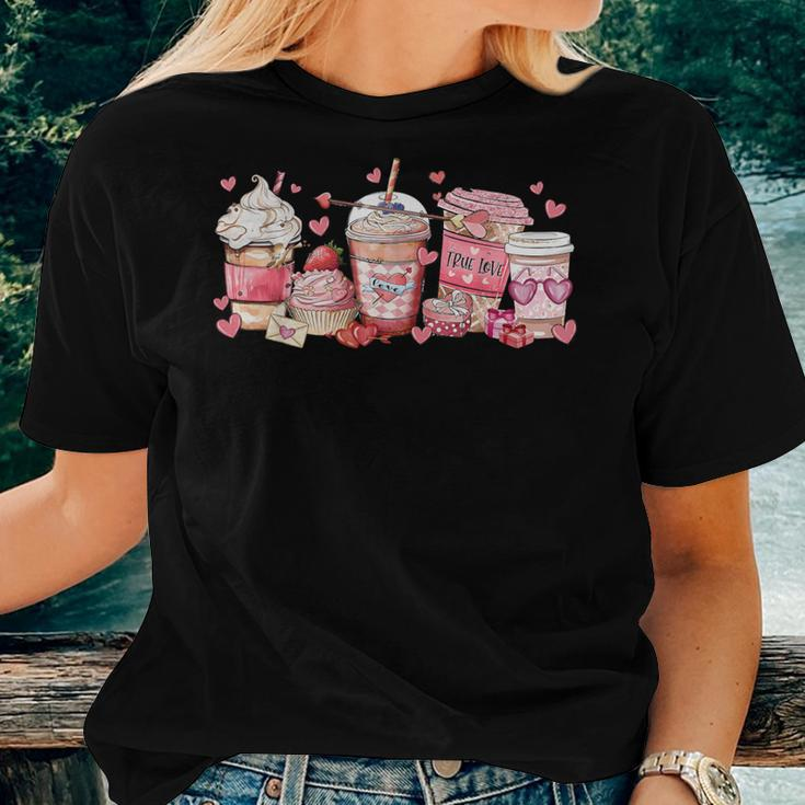 Valentines Day Pink Coffee Cups Latte Iced Cream Cute Hearts Women T-shirt Gifts for Her