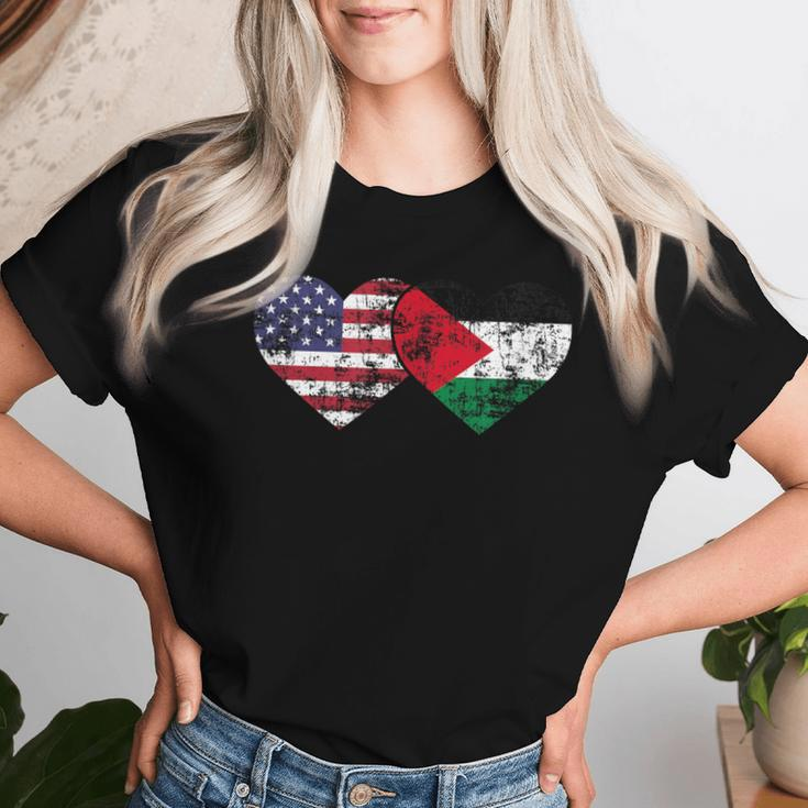 Vintage American Palestinian Flags Hearts Love Usa Women T-shirt Gifts for Her
