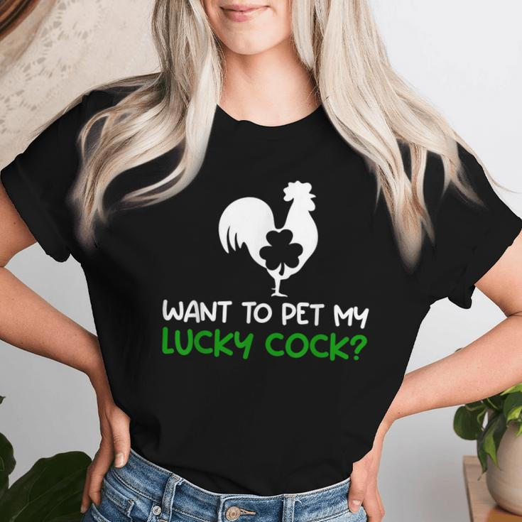 Want To Pet My Lucky Cock St Patrick's Day Chicken Pun Women T-shirt Gifts for Her