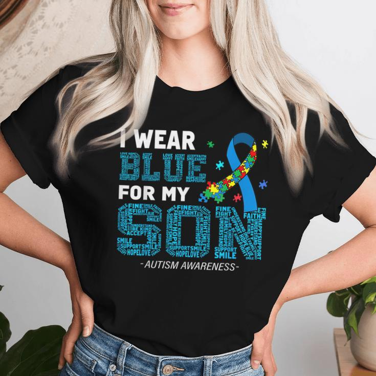 I Wear Blue For My Son Autism Awareness Month Mom Dad Women T-shirt Gifts for Her